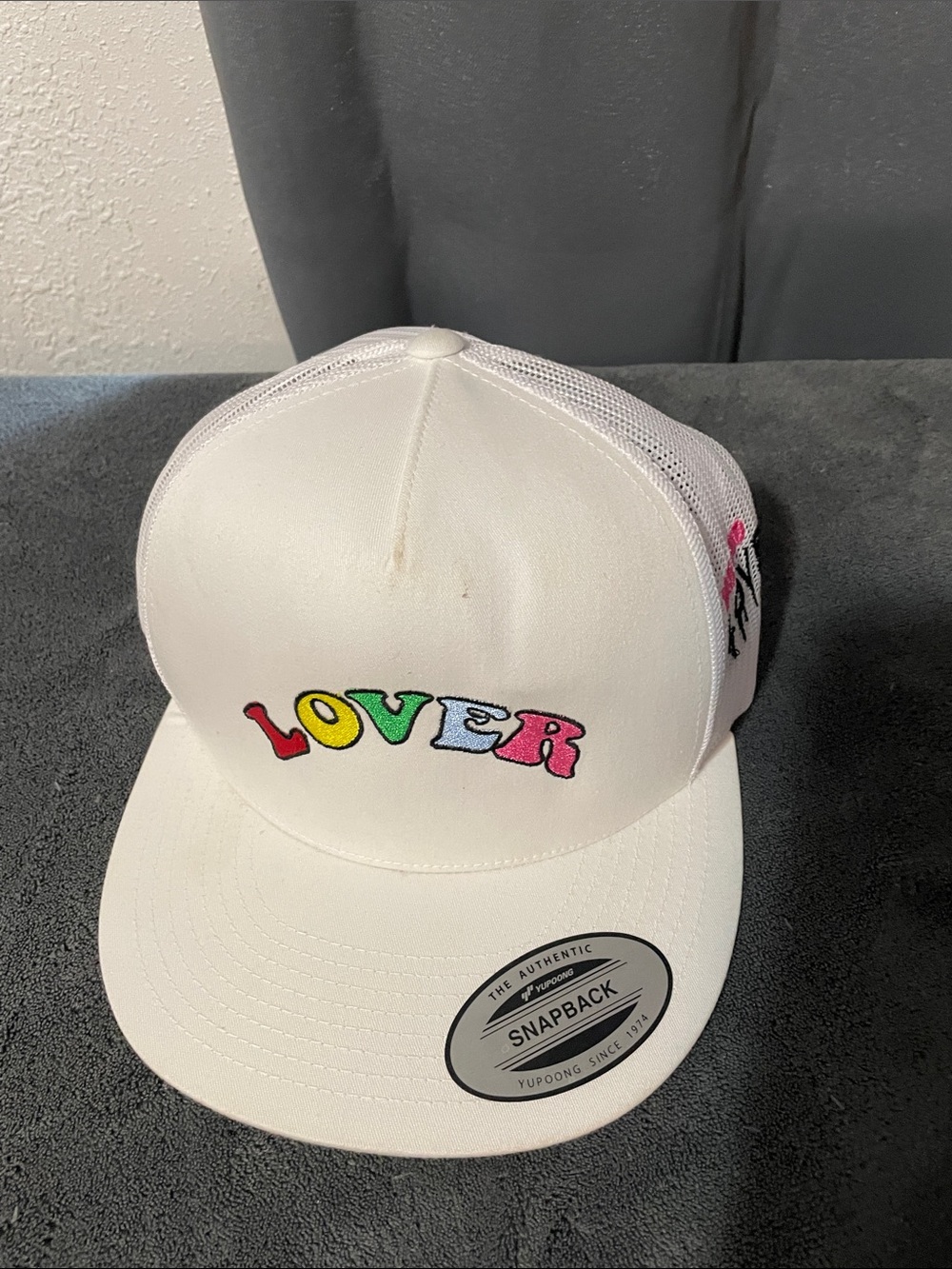 The Classic White Trucker Hat with Multicolor "LOVER" Embroidery Dad Bod Lover